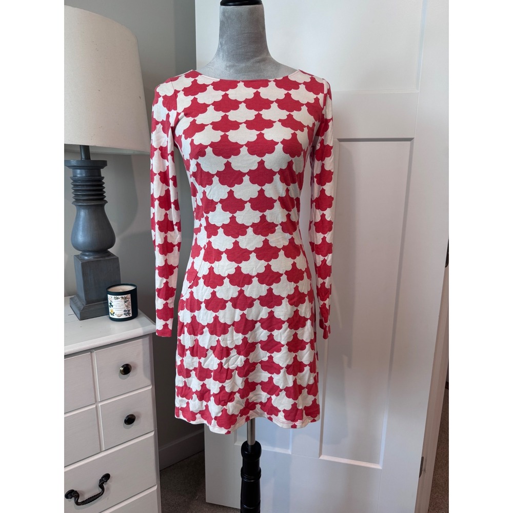 Boden Red White Scallop Cloud Print Long Sleeve Jersey Dress US 2